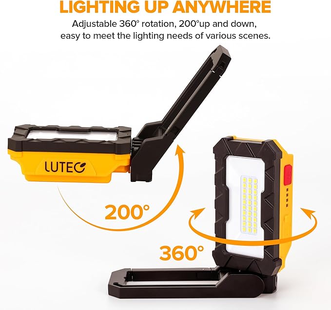 LUTEC Rechargeable Work Light, 1000 Lumens LED Magnetic Light with Magnetic Base and Hanging Hook，360°Rotate and 200°Swivel for Car Repair, Emergency and Camping-2 Pack (Orange)