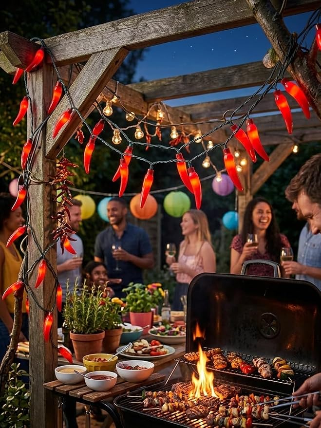 35 LED Red Chili Pepper Christmas Lights, 13.6Ft Camping String Lights | Plug in, Shatterproof, Indoor Fairy Lights for Kitchen Cook Off Decorations, Outdoor Patio Summer Decor, Green Wire