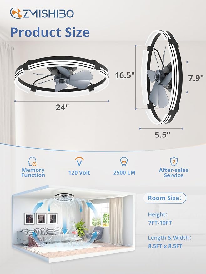 ZMISHIBO Low Profile Ceiling Fans with Lights and Remote, 24 “ Black | 3000K-6000K Dimmable Fandelier LED, Flush Mount, 6 Wind Speeds, Reversible, Timer, Bedroom, Living Room, Kitchen, Kids Room