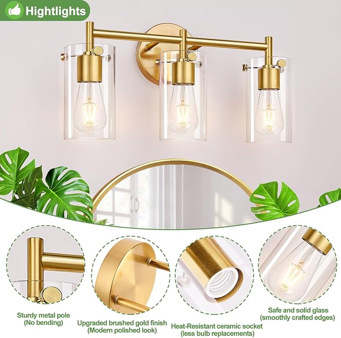 Bathroom Light Fixtures, 3-Light Brushed Gold Vanity Light, Gold Bathroom Lights Over Mirror with Clear Glass Shade, Wall Sconces for Mirror Bedroom Living Room Hallway