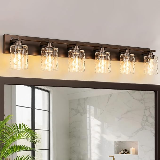 Modern Bathroom Lighting Fixtures Over Mirror, Vanity Lights for Bathroom, Wall Sconces with Clear Glass Shades, E26 Ceramic Socket, 6-Light 43-inch Oil-Rubbed