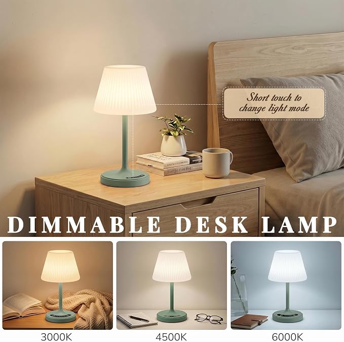 Waterproof Shower Lamp Outdoor Cordless Table Lamp, 3-Color Dimmable -Green | 4000mAh, touch, weighted base, bathroom shower light, patio dinner, RV camping, charge your phones, memory night light