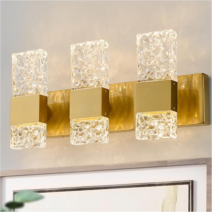 Gold Bathroom Vanity Lights Fixtures Over Mirror LED Crystal Modern 3 Light Brushed Stainless Steel Wall Mount Light for Bathroom Lighting Fixtures 3000K 30Watts Warm Light