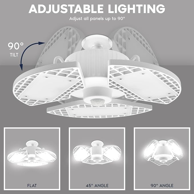 LUXRITE LED Garage Light 80W, 8000 Lumens, Deformable LED Garage Lights, 5000K, 3 Panel Garage Light, E26 Screw in Base, Adjustable Light, Damp Rated, ETL (1 Pack, White, Motion Sensor)