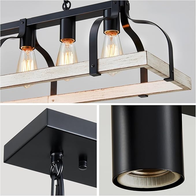 WUZUPS 5-Light Metal Chandelier Imitation Wood Grain Linear Pendant Ceiling Lighting Rustic Farmhouse Fixture Kitchen Island Dining Room, H 8.5" L 31.5" W10, E26 Base, Black & Antique White