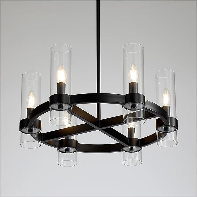 22 Inch Black Cross Wagon Wheel Chandelier with Glass Shades, 6 Lights X-Frame Farmhouse Chandelier, Modern Rustic Pendant Light for Dining Room, Kitchen Island, Entryway