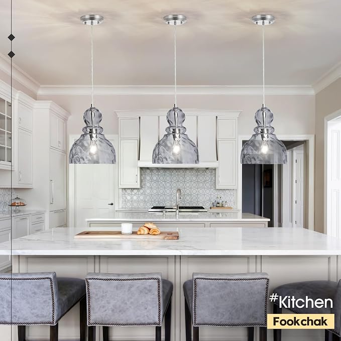 Hammered Glass Pendant Light Smoked Grey Kitchen Island Lights 10in Large Chrome Pendant Hanging Light for Dining Room Kitchen Sink Hallway Entrance, E26