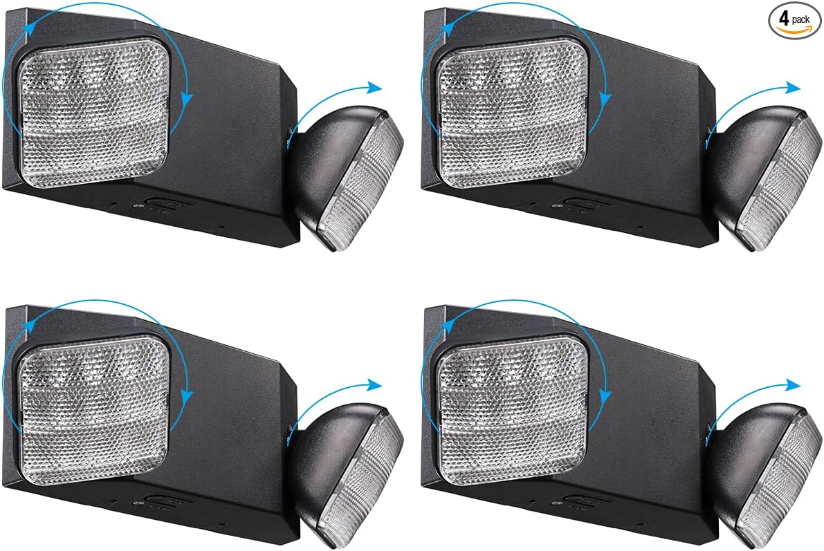 TORCHSTAR LED Emergency Lights, Emergency Lighting with Battery Backup, Dual Heads Adjustable, Lighting Fixtures for Emergency Use, Home Power Failure, UL & FCC Listed, AC 120/277V, Black, Pack of 4