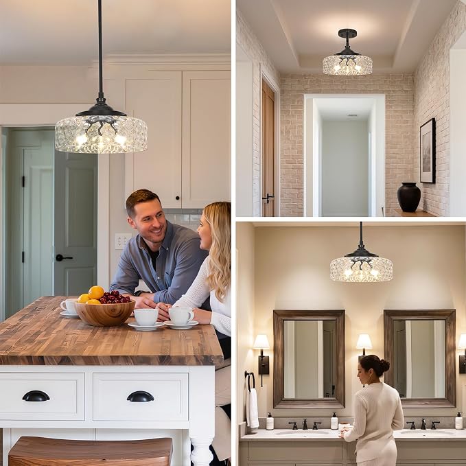 3-Light Adjustable Pendant Lights Kitchen Island, Black Pendant Light Fixture with 12" Clear Hammered Glass Shade, Modern Drop Light for Bathroom, Hallway, Convertible Ceiling Mount Or Hanging Fixture