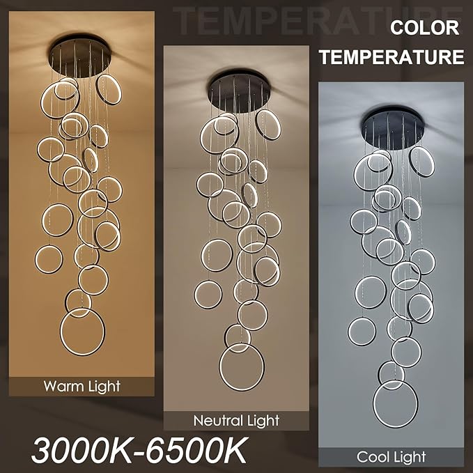 20 Ring High Ceiling Chandelier Foyer, Black Modern LED Large Staircase Long Chandeliers Light Fixture with Remote for Staircase Entryway Living Room Dining Room(118in, 3000K-6500K)