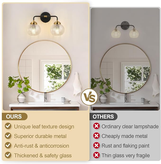MOKATNG Bathroom Light Fixtures, 2-Light Clear Vanity Lights with Unique Leaf Texture Glass Shade, Modern Matte Black and Gold Bathroom Wall Lamp for Mirror Hallway Cabinet Living Room