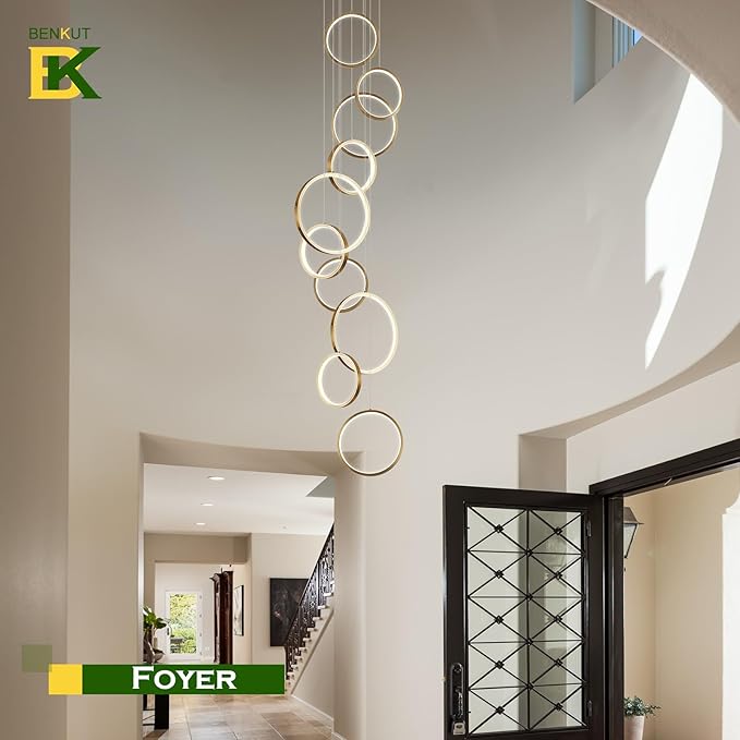 High Ceiling Chandelier 10 Ring Gold Foyer Chandeliers Entryway Long Modern LED High Ceiling Light Staircase with Remote Control for Living Dining Room (98.5in 3000K-6500K)