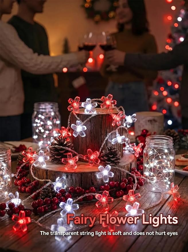 Flower Battery Operated Indoor String Lights 30L Cherry Blossom Fairy Light | Waterproof Outdoor Party Birthday Wedding Christmas Home Red White
