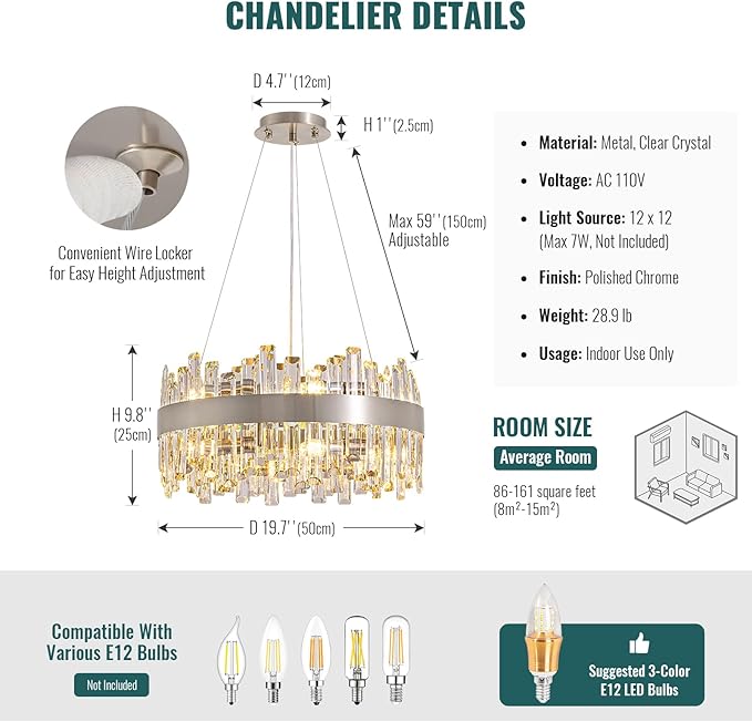 Siljoy Modern Crystal Chandelier, 12-Lights Contemporary 2-Tiers K9 Crystal Raindrop Chandelier Flush Mount Crystal Pendant Ceiling Light Fixture for Dining Living Room Kitchen Island D19.7''