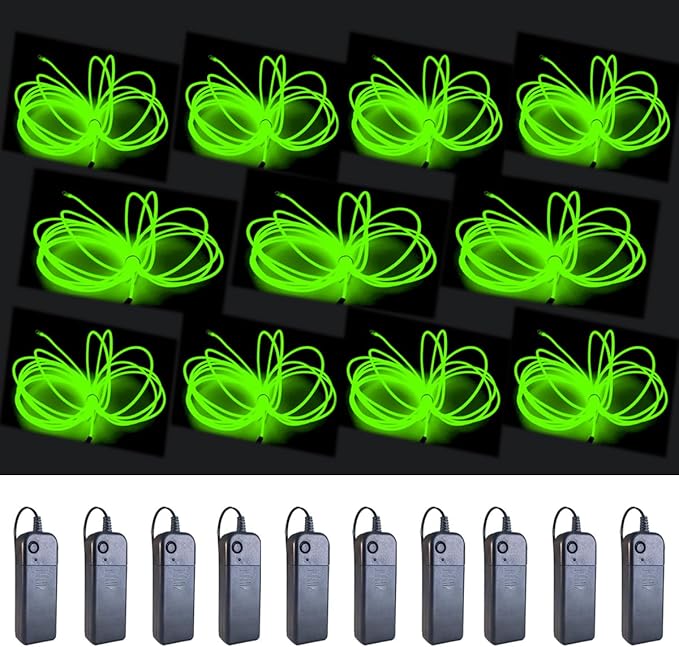 MaxLax EL Wire Fluorescent Green 10-Pack, 9ft/2.75m Neon Light Wire with Noise Reduction and Battery Pack…