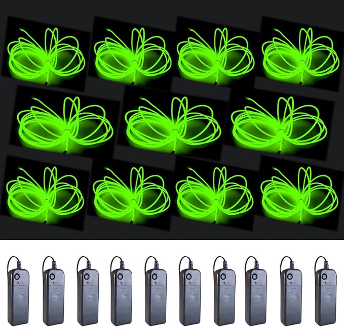 MaxLax EL Wire Fluorescent Green 10-Pack, 16.4ft/5m Neon Light Wire with Noise Reduction and Battery Pack…