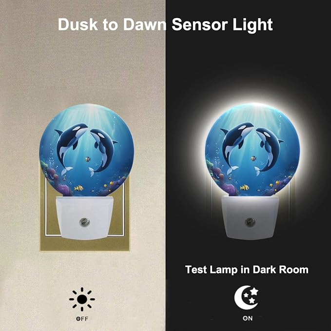 Whale Night Light Undersea Killer Whales Blue Ocean Sea Coastal LED Dusk to Dawn Plug-in Nightlight Auto Sensor for Bedroom Bathroom Hallway Living Room