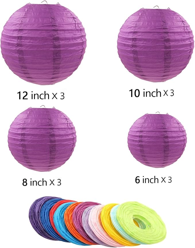 12pcs Purple Paper Lanterns with 12pcs White LED Lights, 6" 8" 10" 12" Round Hanging Chinese/Japanese Ball Lantern for Mardi Gras Wedding Anniversary Birthday Party Decorations