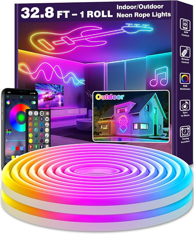 AILBTON 32.8Ft Neon Rope Lights,Flexible Led Rope Lights Control with App/Remote,Multiple Modes Music Sync Gaming RGB Led Neon Lights for Bedroom Outdoor