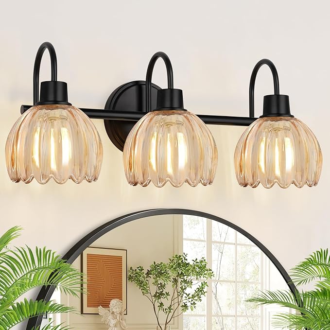 Bathroom Light Fixtures, 3-Light Black Vanity Light with Ribbed Amber Tulip Glass Shades, 20-Inch Bathroom Lighting Over Mirror for Bedroom, Living Room, Hallway (Bulbs Not Included)