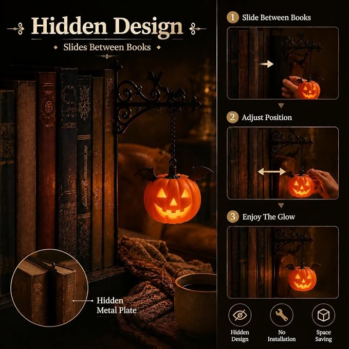 Library Lantern Bookshelf Lamp, Ghost Bookshelf Lantern with Warm LED Nightlight, Mini Nook Light for Bookshelf, Table Desk Pumpkin Luminaire, Halloween Bookshelf Decor for Book Lovers