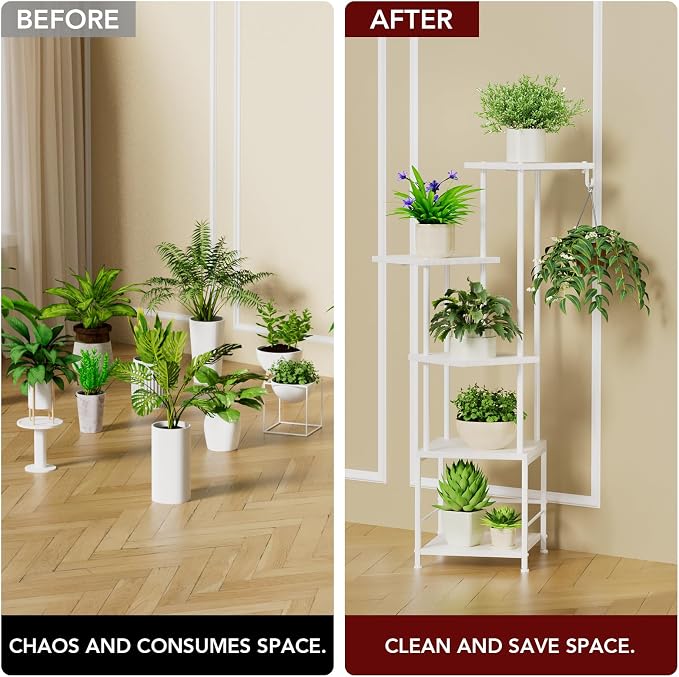 Plant Stand Indoor with Grow Light - 5-Tier Metal Plant Shelf with Hanging Basket Hook, Corner Tall Flower Holder for Multiple Plants, Living Room Balcony Garden Patio, White