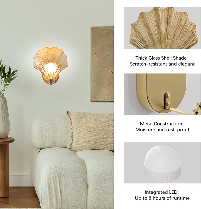 Vintage Battery Operated Wall Sconces with Remote, Amber Rechargeable Wireless Wall Sconces with Magnetic LED Bulbs, Indoor Shell Shaped Wall Lights for Living Room, Bedroom, Bedside, Doorway