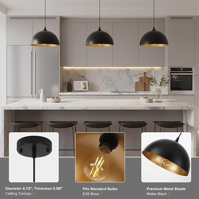 3 Pack Black Pendant Lights for Kitchen Island 11.8" Modern Pendant Lighting Fixtures Farmhouse Vintage Hanging Ceiling Light Fixture for Dining Room Foyer Hallway Bar Cafe Kitchen Sink Matte Dome
