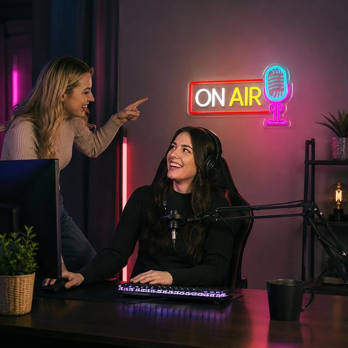 ON AIR Neon Sign with Microphone Neon Live On Air Sign for Recording Studio | ON AIR sign for streamers, podcasters, and content creators, suitable for streaming setups, recording spaces, and studios