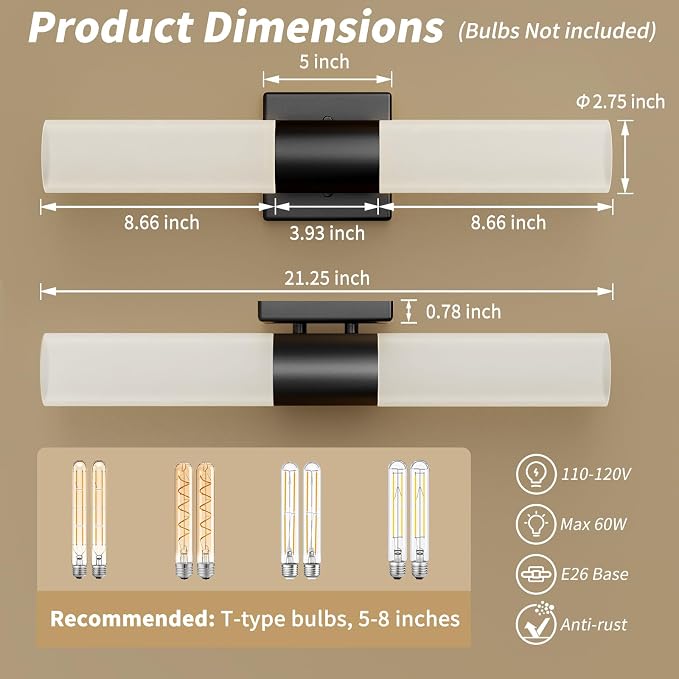 Wall Sconces Set of Two, Modern 21" Vanity, Frosted Glass, Black | Indoor Wall Light Fixture. For Bathroom, Mirror, Bedroom, Living Room, Hallway. Mounting Hardware Included. Easy To Install.