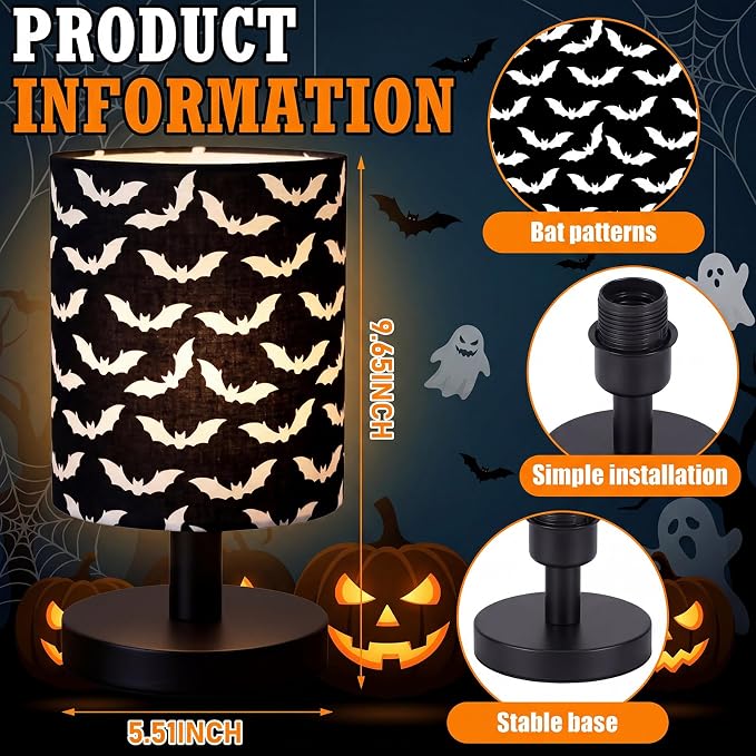 Halloween Bat Kids Table Lamp for Bedroom Kids Bedside Lamp with Linen Wooden Nightstand Cartoon Nursery Lampshade for Girls Boys Living Room