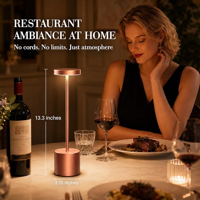 AUDLES Cordless Table Lamp, 5000mAh Rechargeable Lamp with Touch Control & Stepless Dimming, 3 Light Modes, IP54 Waterproof Portable Light for Dining Table, Patio, Bathroom, Power Outage (Rose Gold)