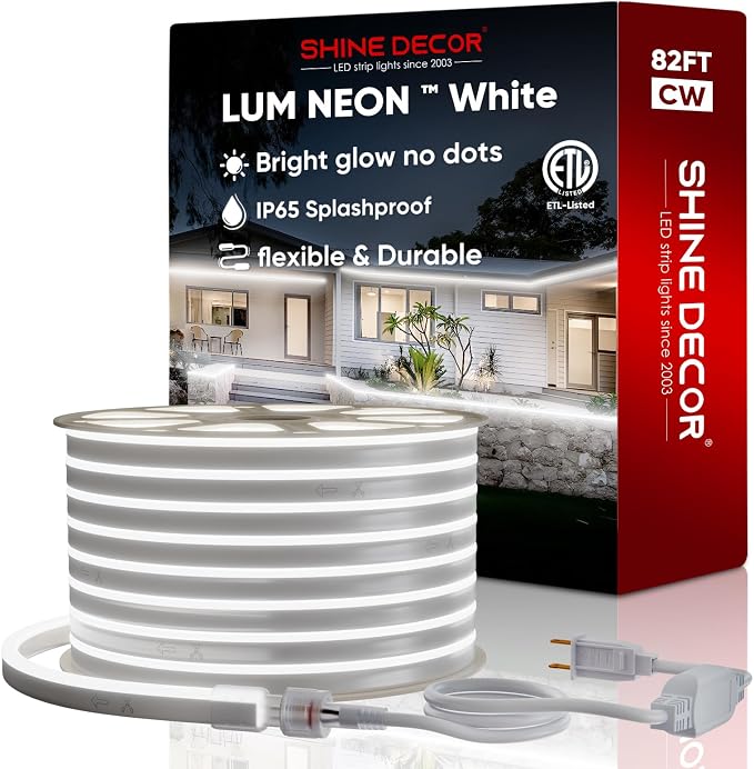 82FT/25M LED Neon Rope Lights, Cool White AC 110V-120V Neon LED Strip Lights, Flexible Waterproof SMD2835 120LEDs/M Indoor Outdoor Ropes Lights, Bright Ambient Lighting Decoration