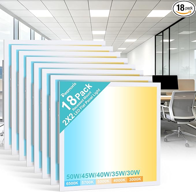 18Pack 2x2 LED Flat Panel Light,3000K-6500K & 5 Wattage Selectable | 50W 5500LM, 0-10V Dimmable, AC 120-277, Recessed 2x2 led drop ceiling light fixture for Office, Kitchen, Garage, School