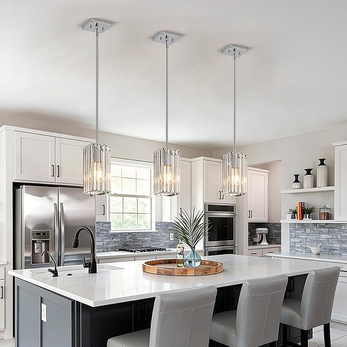 Modern Crystal Pendant Lights Kitchen Island, 2-Pack Chrome Hanging Light with Clear Crystal Shade, Adjustable Height Pendant Lighting for Kitchen Island Dining Room Bedroom Bar Entryway