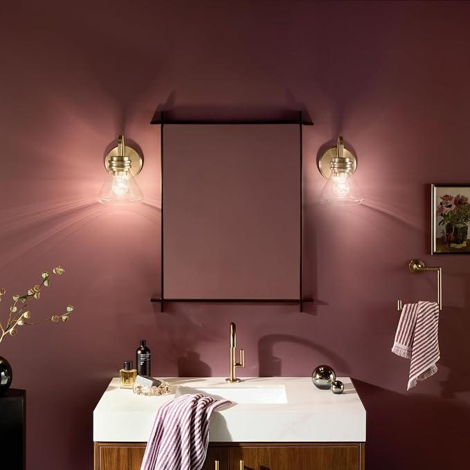 Kichler Farum 1-Light Bathroom Wall Light, Champagne Bronze | Modern wall light with clear glass for bathroom mirrors and powder rooms (7.25" x 9.5"), 55153CPZCLR