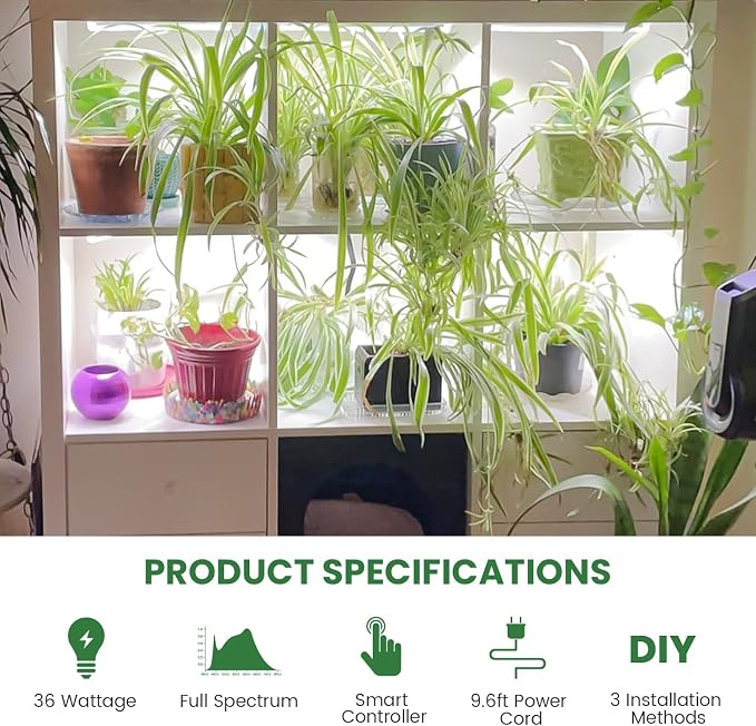 Kullsinss 16in Grow Light Strips for Indoor Plants, 6000K 24W Full Spectrum | 6-Bar 360 LEDs Plant Light with 6/12/16H Auto Timer, 5 Dimmable Levels, Under Cabinet Grow Lamp for Seedling, Greenhouse