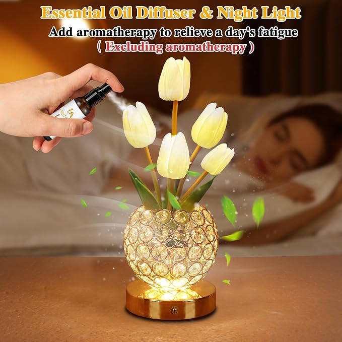 Birthday Gifts for Women Mothers Day Gifts/for Mom Tulip Table Lamp | 3 Color Crystal Flower Bedside Lamps Infinitely Dimming with USB Charge Small Night Light,Night stand Touch Lamp(White-tulip)