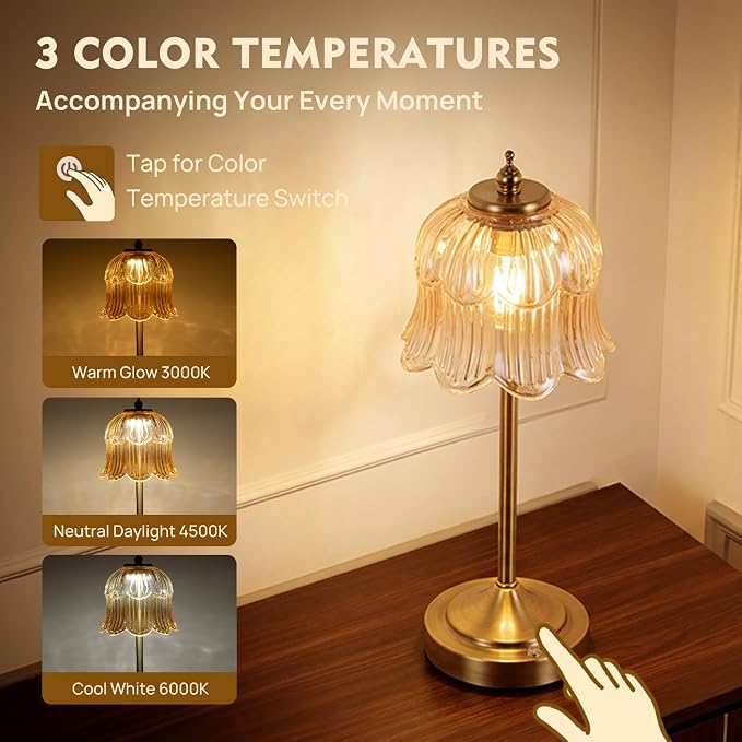 Flower Battery Operated Rechargeable Lamp Cordless, Tulip, Amber | Small, Vintage, Gold, Wireless, LED, Dimmable, Table, Home Decor, Bedroom, Bedside, Nightstand, Birthday Gifts for Women