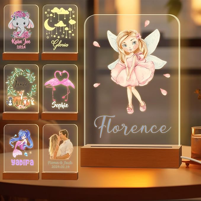 Personalized Night Light for Kids Custom Engraved Name Acrylic LED Lights with Wood Base for Nursery Bedroom Decor Night Lamp, Customized Birthday Gifts for Boy and Girl,Elf
