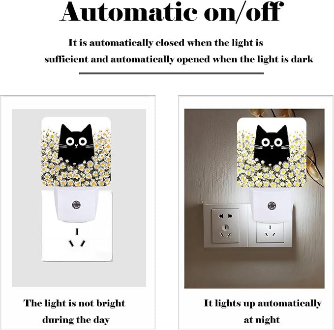 Cute Cat and Daisy Night Light,Plug Into Wall for Boys Girls Bedroom Decorative Square Night Light Lamp 0.5w Sleep Friendly