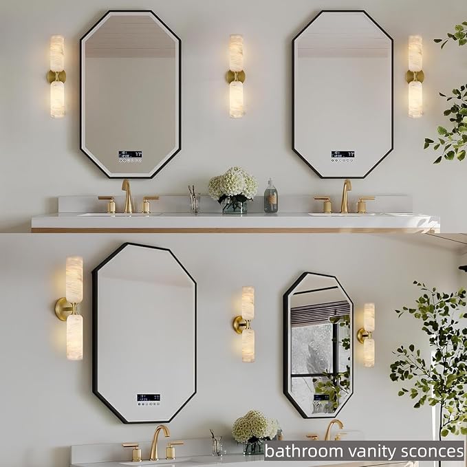 20in Alabaster Wall Sconces Set of Two, Modern Spanish Natural Marble Bathroom Vanity Sconces, Brass Alabaster Sconce Wall Lighting, Gold Wall Light Fixtures Decor for Bedroom Living Room Staircases