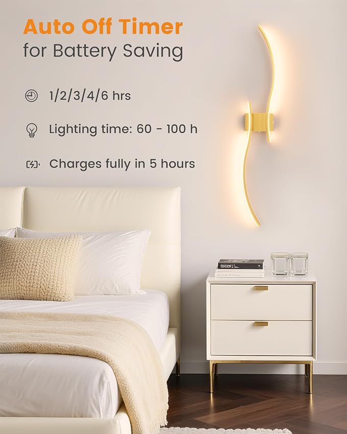 VOLISUN Battery Operated Wall Sconces Set of Two, 39.4 inch Wireless Wall Sconces, 3000K-6500K Dimmable Wall Lamps with Remote, Rechargeable Gold Wall Lights for Living Room, Hallway, Bedroom