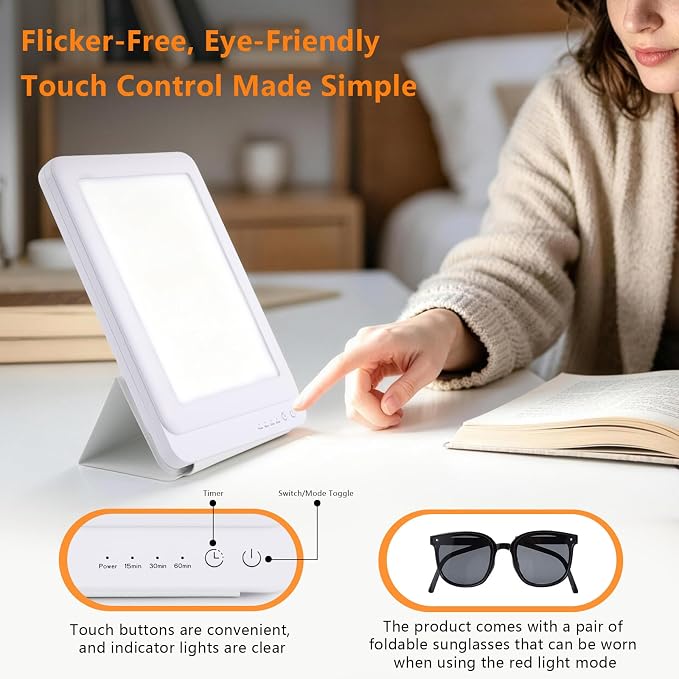 Light Therapy Lamp with Mirror, 10000 Lux UV-Free, 3 Color Modes (Cool/Red/Pink) with Stepless Dimming & Timer, for Home Office Relaxation and Skincare Support