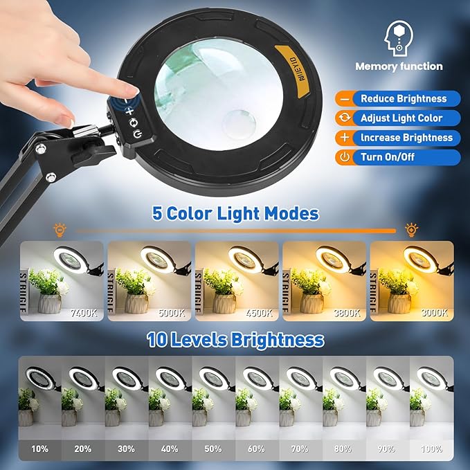 Ultra Long 3-Section Swing Arm 12X Magnifying Glass with Light-Black | 4-Way Large Metal Clamp, 5 Color Modes LED, 35.2Inch Lighted Magnifier Lamp for Workbench Crafting Hobby Soldering Sewing
