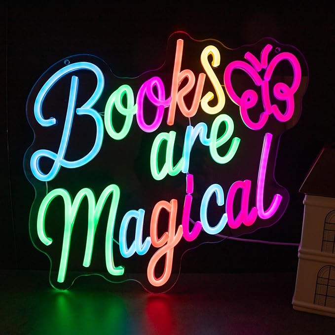 Books Are Magical Neon Sign, Neon Signs for Wall Decor, Dimmable Led Signs for Bedroom, Light Up Signs for Classroom Reading Room Book Party Library Decoration Decor 14.57 x 12.6 inch