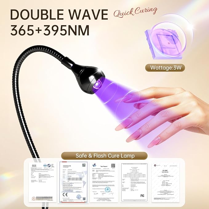AORAEM 3W LED Nail Lamp with Clamp and Flexible Gooseneck for Gel Nails | Includes UV Protection Gloves for Gel Polish Curing, Salon and Home DIY