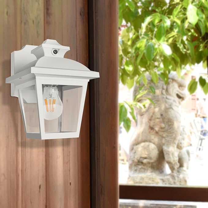 FUDESY Dusk to Dawn Outdoor Wall Lantern, Exterior Porch Light Fixture, E26 | Waterproof Modern White Wall Sconce, Sensor Outside Lighting Wall Mount for Hose,Front Door,Garage,Entryway, 3000K Warm White