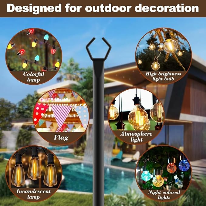 AILBTON 10Ft Exterior Light Poles 6 Pack, Durable Metal String Light Posts for Outdoor Use, Equipped with Fixed Brackets for Yard, Terrace, and Garden Lighting Decor and Backyard