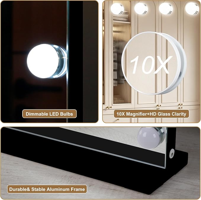 Ratsamee Black Hollywood Vanity Mirror with Lights, 17 Dimmable Bulbs, 3 Color Lights,Make Up Lighted Mirror, Aluminum Metal Frame, USB Charging Port（26" x 20"）